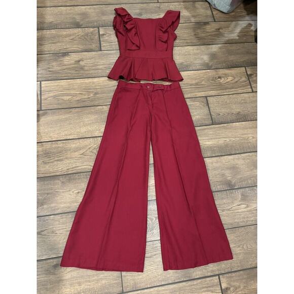Bobbie Brooks Pants - Bobbie Brooks VTG Fairy Maroon Wide Leg Flare Pantsuit Ruffle Festival Coquette
